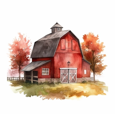 vector watercolor front view only red barn in autumn clipart on white background, from the front red barn in autumn colors, photorealistic, ultrarealisticno background, on whit