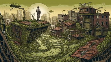 clipart of a man on a magic hovering carpet in decayed urban landscape, vines growing into the buildings, trees growing out of the buildings, futuristic urban decay