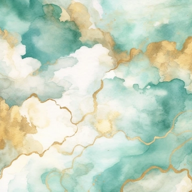 aqua clipart, Watercolor paper, pale colors, gold striated, summer clouds, romantic, white background , pre-raphaelite, abstract