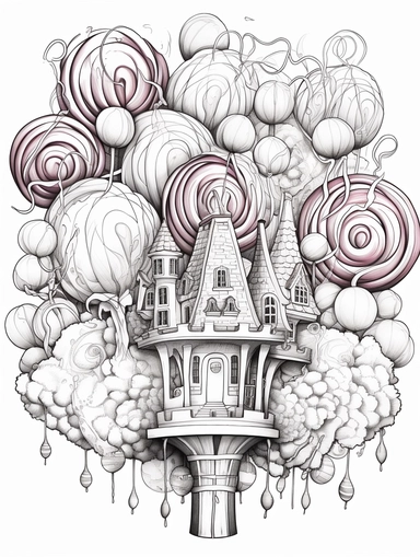 Coloring book, white background, clip art, line work. Candy apples, and cotton candy. And balloons