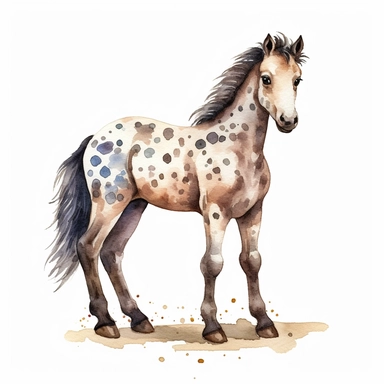 Appaloosa baby horse, highly detailed, watercolor, clipart, illustration, white background, digital painting, paper crafting, no signature, no text