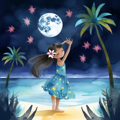 watercolour, tropical island setting, showcase an adorable little polynesian hula girl (aged 8) she is dancing under the moonlight on the beach with full moon and twinkling stars above, she is happy, she has tropical beautiful flowers in her hair, the feeling is magical, clipart style