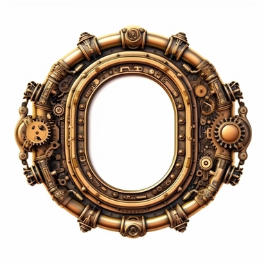 beautiful hyperrealistic oval steampunk gold picture frame clipart, extremely detailed, symmetrical, 4k, high quality, isolated on white background