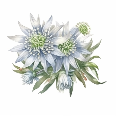 Edelweiss Bouquet Beautiful Realistic Creative. Emotional. Detailed, cartoon clipart watercolor. Artistic Creative Clipart. Isolated white background. Charming