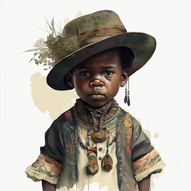 boho little boy,big eyes, voodoo doctor, African,tall hat, pose, body, very detailed and realistic, watercolor, clipart style