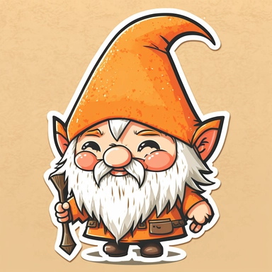 cute chibi happy gnome with big white beard, wearing big orange spike hat, clipart, in sticker style, in comics style, cell shading