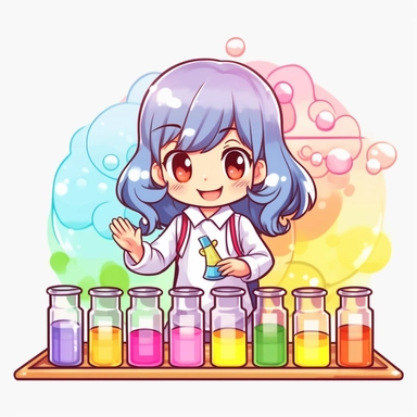 kawaii japanese style rainbow science lab filled with bubbling test tubes, beakers, and a quirky scientist conducting experiments with funny results, Best quality, 8K, HD, white background, no background, sublimation file, png, 2d, Cute kawaii style, vect