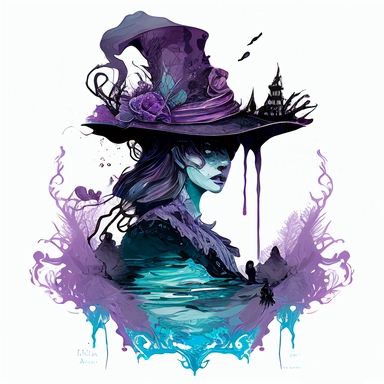 clipart. a beautiful attractive woman who looks like a powerfull witch. she wears a big high wide witch-hat with a sharp high end on top. her neck is free. in the hat we see a transparent ocean elements.she is surrounded by water and water-snake. white background. in a gothic intricate fantasy mystery style. no caption. Cyan purple watercolour