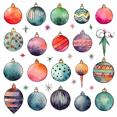 Watercolor line art, little squares filled with doodly patterns of  xmas ,ornaments and decorations , illustrations clipart set, simple, christmas colors , cartoon elements, different variants , stocking, bubble ornaments, xmas wreath, modern art, separate elements with a margin