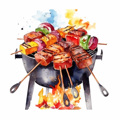 grill grilling tools barbeque kabobs watercolor clipart no captions white background