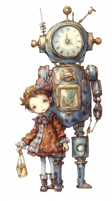 watercolor steampunk robot clock entire body with a steampunk suitcase by his side and holding a cute steampunk doll in her arms, illustration clipart by holly hobbie and mary engelbreit