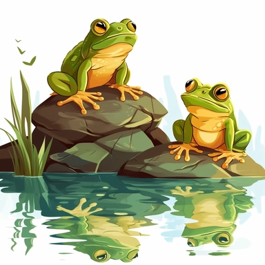 two frogs sitting on a rock, one brownish color, one green, looking into the water with their reflection staring back, reflections in the water show in scenery too clipart vector, put the correct of fingers an toes