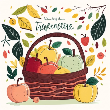 Create a hand drawn illustration clipart of a basket of fall apples, featuring a charming and playful scene with a hand-drawn basket filled with fresh and colorful apples in shades of red, green, and yellow, set against a white background with a few scattered fallen leaves and a cute little worm peeking out, invoking the feeling of being in a whimsical and cheerful environment during the fall season.
