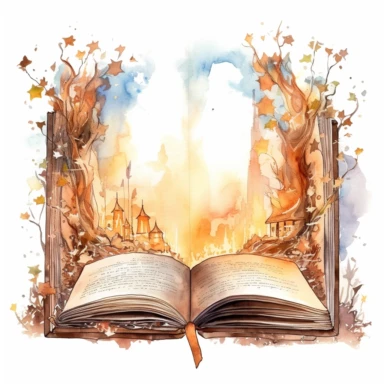 a fairytale magic mirror scene coming out of an open book with light brown crumpled pages, in the style of a high detail watercolor clipart on white background