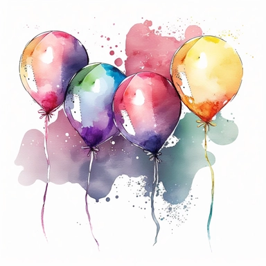watercolor clipart of 5 colorful balloons , there are ribbon and bowknot on each balloon,vector illustration,white background, no text, no watermark, no extra ribbon, no blurred v4