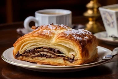 a masterfully crafted white pain au chocolat, oozing with rich, dark chocolate. Its flaky layers reveal a perfect balance of buttery goodness and decadent sweetness. The morning sun bathes the pastry in a warm glow, while a lace-trimmed napkin adds a touch of elegance to the scene. Every detail, from the delicate chocolate swirls to the golden crust, is captured in stunning clarity, Photo clipart, super detail, vignetting, shot with Nikon D3000,