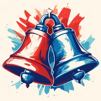 patriotic clipart, liberty bells, depicted in a bold and dynamic style, using a color palette of red, white, and blue, perfect for creating patriotic-themed designs, whether for digital projects or printed materials