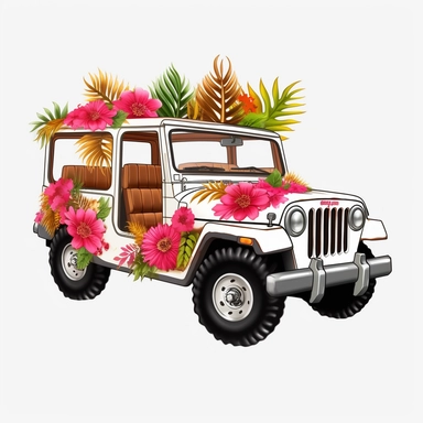painting of 4 door jeep painted with hawaiian flowers, cartoon, clipart, no background, 8k
