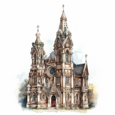 church, watercolour, intricate, ornate, clipart, white background