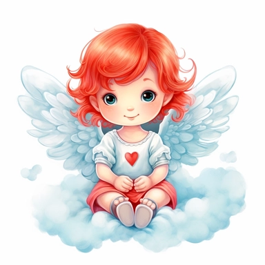 happy cute little girl angel cupid a two year old sitting on the cloud, light red hair, blue short, red heart in hands, style by Lusy Fleming, folk art, watercolor, clipart elements, smooth gradients, black contour outline, ultra detailed, white background, super clear, high quality