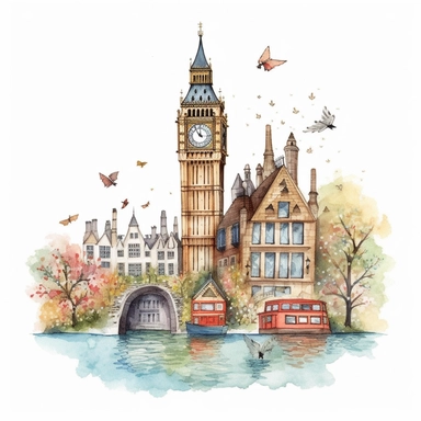 Very very cute and Whimsical quirky houses, London, Big Ben, Thanes River, spring time, Watercolored illustration in the style of Michael Powell, clipart, white background
