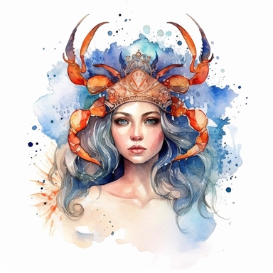 a beautiful woman representing the zodiacal cancer sign, crab crown, dreamy, element symbol drawing, women watercolor clipart, boho zodiac sign, epic, powerfull, mystic, white background, detailed, 8k