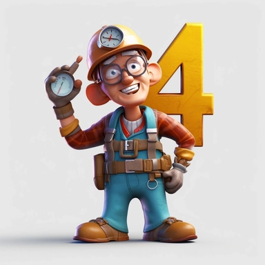 a character or mascot in a clip-art style wearing a hardhat with the number 4 on the center of the hard hat, the character needs to hold a clock in one hand should also be wearing safety gloves, a harness, toolbelt with a hammer hanging at his side and wearing safety glasses.