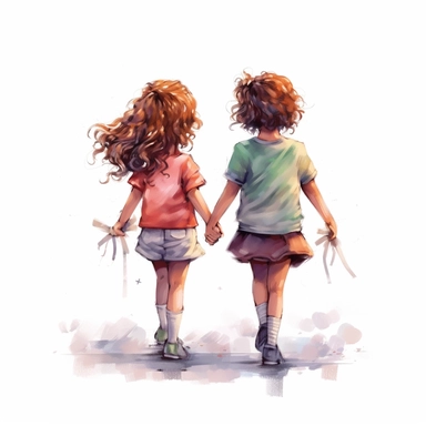 a back profile view of 2 little girls walking, best friends holding hands, clipart