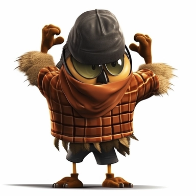 please create pixar style character clipart of an owl dressed like a rapper, back view with arms flexing, head front view