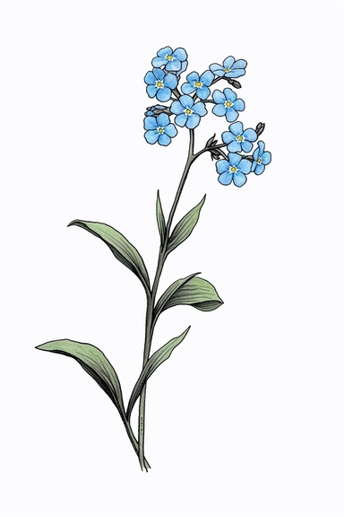 line drawing clipart of a single forget me not in black and white, coloured in