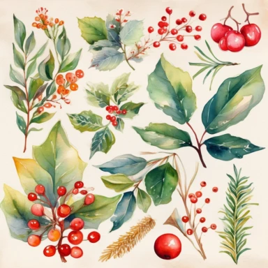 Generate a set of watercolor clipart images with a Christmas theme, featuring delicate and intricate designs of traditional holiday symbols like snowflakes, holly leaves, mistletoe, Christmas trees, and ornaments. The images should have crisp lines and clear outlines, with a high level of detail and subtle colors to make them elegant and beautiful. Please generate the images at the highest quality possible, with a resolution of at least 300 dpi and a size of 8x8 inches