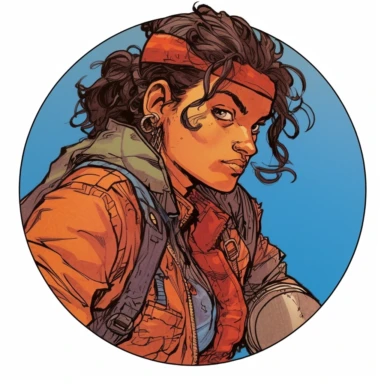 A circular tondo depicting a Dungeons & Dragons character lightly-armored Persian-heritage human woman dirty filthy grungy hobo badass survivalist ranger warrior, Mike Allred Josh Kirby Mad Max Lord of the Rings, handpainted retrowave, clipart illustration, circle solid background