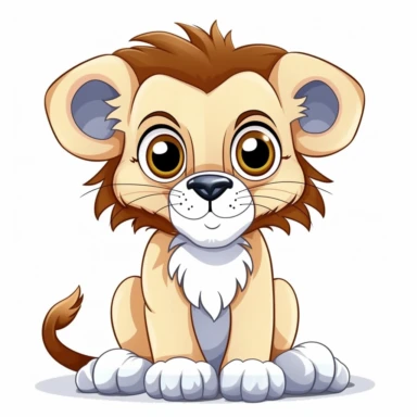 cute cartoon lion drawing, big eyes, illustration clipart, detailed, black outline, white background, digital art