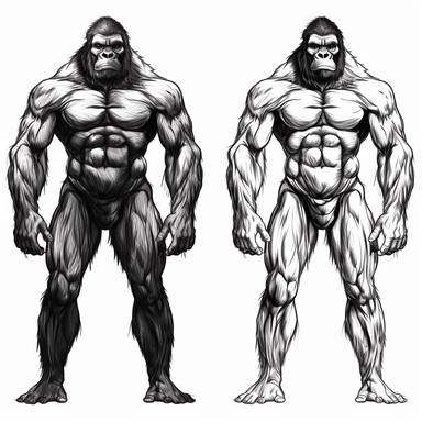 A human like gorilla with skinny muscle full body, black n white clip art illustration vector