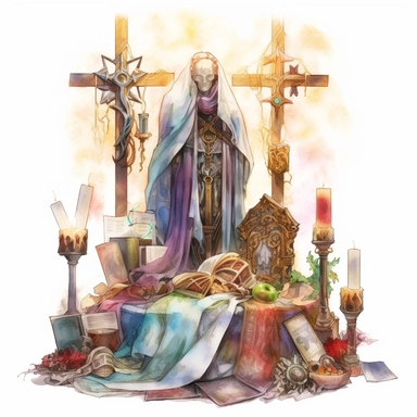 book on altar, watercolour in the style of digital airbrushing, realistic yet stylized, digitally enhanced, elaborate costumes, 32k uhd, clipart, white background