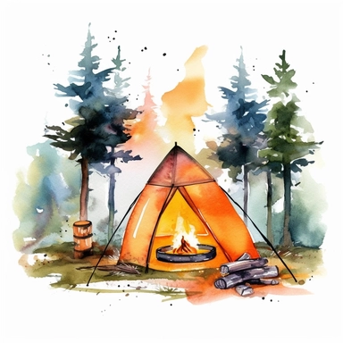 simple and minimalistic watercolor clipart of camping scenery with a camping tent and camp fire, bright colors, white background, uhd, high quality