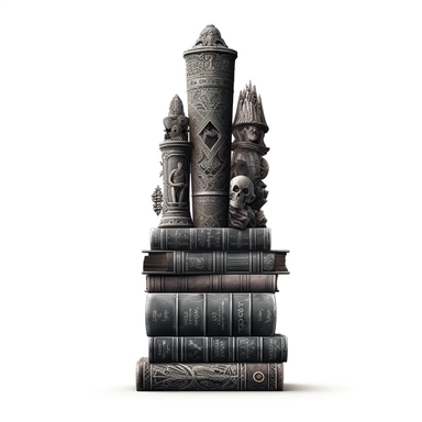 Create an impressive clipart of a clean, dark wizard's book stack on a pure white background. The design should incorporate elements of the gothic and fantasy genres, with dark hues and ornate designs on the books' spines. The lighting should be moody and shadowy, with a focus on the intricate details of the books' covers. The book stack should be perfectly symmetrical to create a sense of order and balance. Use a macro lens to capture the intricate details of the books' designs and play with th