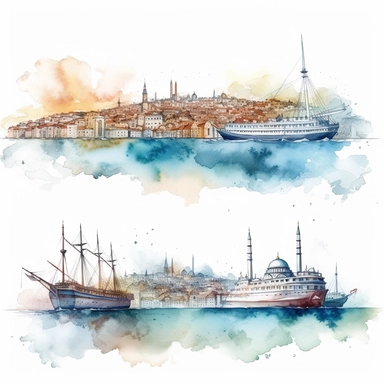 watercolor istanbul golden horn panaromic view seeing the both banks and modern time ships , illustrations clipart set, simple, , cartoon elements ,different variants , separate elements with a margin