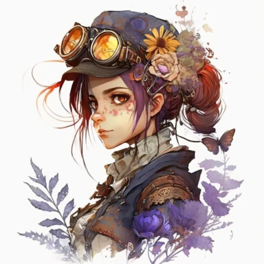 less watercolor floral steampunk cibi girl clipart, looking straight ahead, white backgorund, A sharp photograph of an expensive, portrait of cute steampunk girl clip art., 8k