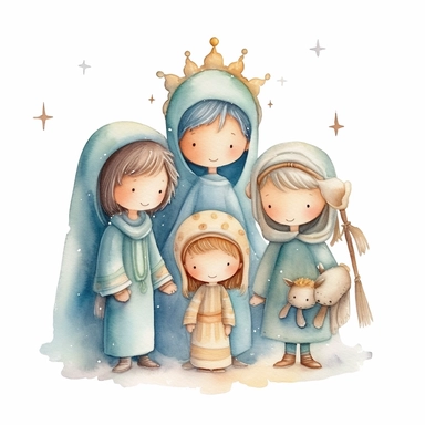 A watercolor painting of a cute nativity, Mary, Joseph, newborn Baby Jesus, 3 wise men and an Angel, nativity scene Christmas, cute detailed digital art, inspired by nicoletta ceccoli, by Kubisi art, whimsical and cute, by nicoletta ceccoli, cute detailed artwork, glimmering, adorable and whimsical, whimsical art, Clipart style, png style, svg style, blank white background, a solid white background