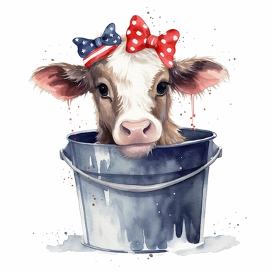 watercolor hairy baby cow in bucket with USA flag color bow on head, hand drawn illustration clipart, high definition 8k, isolated on white background for removing background no text shadow font watermark