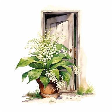 lily of the valley planted in front of a house door, watercolour, clipart, white background