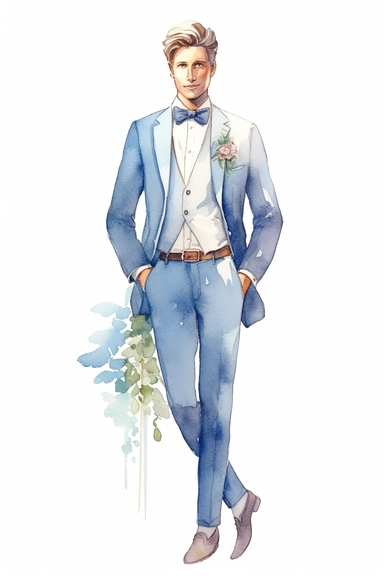 Watercolor groom blue costume in closet, wedding, simple, soft colors, cartoon elements, watercolor boho style, clipart, white transparent