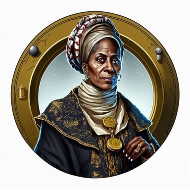 regency female Arabian African noble guild merchant politician, Josh Kirby Mad Max Lord of the Rings, handpainted enamel punk zine indie retrowave, clipart illustration character portrait, circle white background