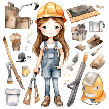 Watercolor collection clipart girl with brown hair construction worker cute childish neutral colors on white background