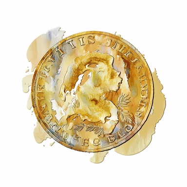 golden coin, dollar, watercolor, clip art, white background,