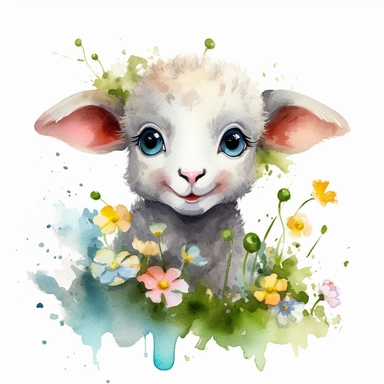 a moving baby lamb with cute big eyes, happy smiling face, cute animal, adorable, playful atitude, astrology, adorable watercolor animal clipart with a few plant and flowers decor, no background, high quality very sharp with clear focus