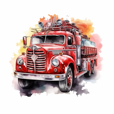 Retro Fire truck In Smoke Clipart watercolor,Cartoon,hyper realistic, intricate detail, illustration style,high solution,on the white background
