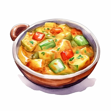 an appetizing watercolor clipart image with a white background, showcasing a plate of delicious vegetable korma, made with a medley of vegetables cooked in a creamy and aromatic gravy.