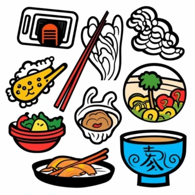 a set of black line clipart inspired by ramen and stickers and Lego and Funko Pop toys